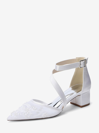 Bianco Scarpe da sposa con tacco grosso punta a punta perline cinturini tacco basso