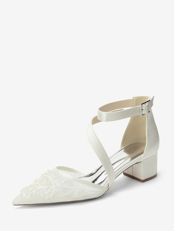 AvorioScarpe da sposa con tacco grosso punta a punta perline cinturini tacco basso