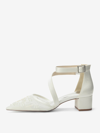 Scarpe da sposa con tacco grosso punta a punta perline cinturini tacco basso
