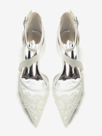 Scarpe da sposa con tacco grosso punta a punta perline cinturini tacco basso