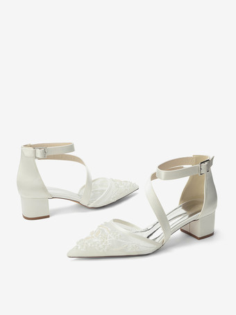 Scarpe da sposa con tacco grosso punta a punta perline cinturini tacco basso