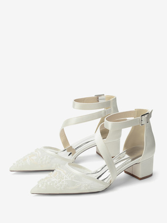 Scarpe da sposa con tacco grosso punta a punta perline cinturini tacco basso