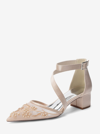 Champagne Scarpe da sposa con tacco grosso punta a punta perline cinturini tacco basso