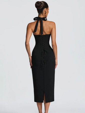 Vestido midi ajustado con cuello halter y espalda con cordones para mujer 2026