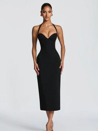 negro Vestido midi ajustado con cuello halter y espalda con cordones para mujer 2026