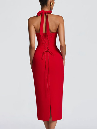 Vestido midi ajustado con cuello halter y espalda con cordones para mujer 2026