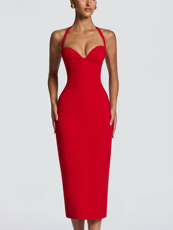 Vestido midi ajustado con cuello halter y espalda con cordones para mujer 2026