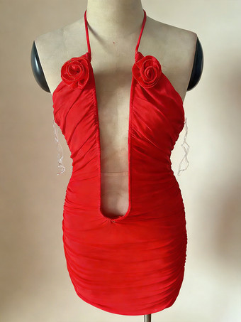 Abito da festa sexy con scollo a V profondo arricciato aderente con applicazioni di rose per donna 2026