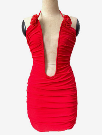 Abito da festa sexy con scollo a V profondo arricciato aderente con applicazioni di rose per donna 2026