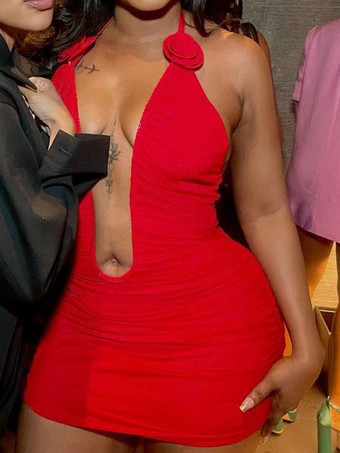 Abito da festa sexy con scollo a V profondo arricciato aderente con applicazioni di rose per donna 2026