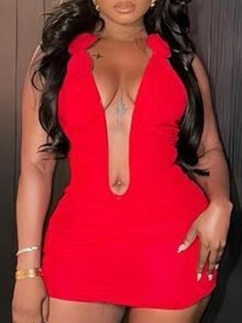 Rosso Abito da festa sexy con scollo a V profondo arricciato aderente con applicazioni di rose per donna 2026