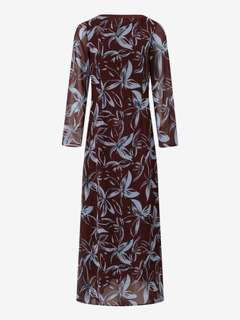 Vestido maxi retro ajustado de manga larga con estampado floral para mujer 2026