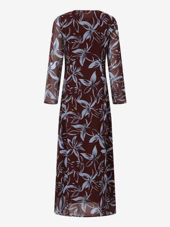 Vestido maxi retro ajustado de manga larga con estampado floral para mujer 2026