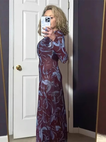 Vestido maxi retro ajustado de manga larga con estampado floral para mujer 2026