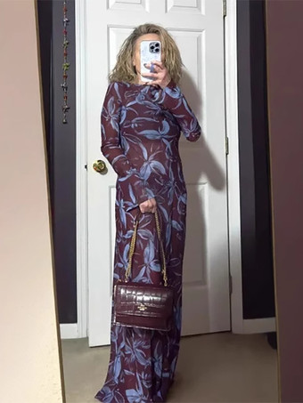 Vestido maxi retro ajustado de manga larga con estampado floral para mujer 2026