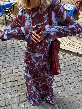 Vestido maxi retro ajustado de manga larga con estampado floral para mujer 2026