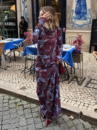 Vestido maxi retro ajustado de manga larga con estampado floral para mujer 2026