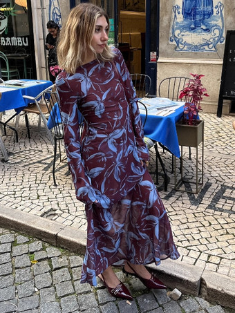 Vestido maxi retro ajustado de manga larga con estampado floral para mujer 2026