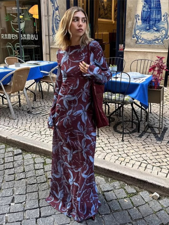 CaobaVestido maxi retro ajustado de manga larga con estampado floral para mujer 2026