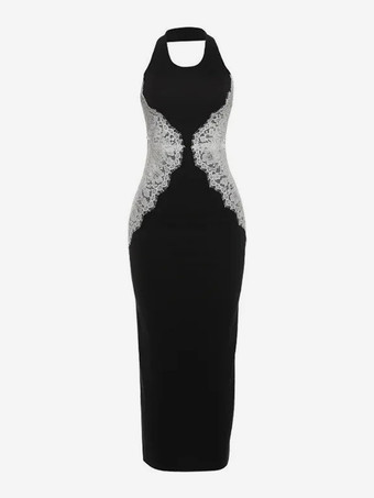 Nero Abito lungo senza maniche con scollo all'americana in pizzo e patchwork a contrasto per donna 2026