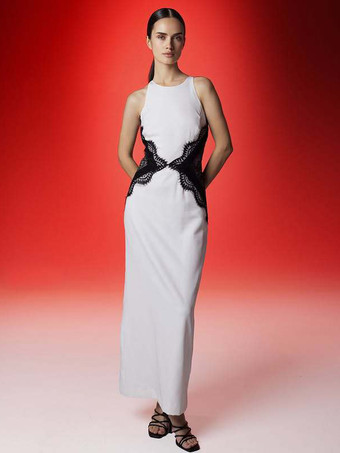 Abito lungo senza maniche con scollo all'americana in pizzo e patchwork a contrasto per donna 2026