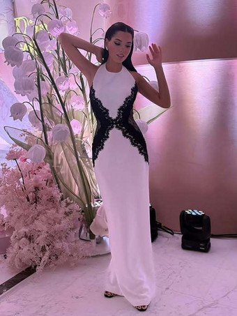 Abito lungo senza maniche con scollo all'americana in pizzo e patchwork a contrasto per donna 2026