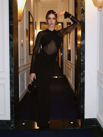 Abito lungo aderente con arricciature maniche lunghe e spalline incrociate sul davanti per donna 2026