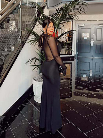 Abito lungo aderente con arricciature maniche lunghe e spalline incrociate sul davanti per donna 2026