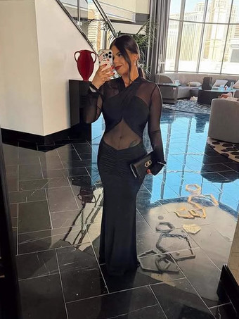 Abito lungo aderente con arricciature maniche lunghe e spalline incrociate sul davanti per donna 2026