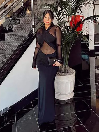 Abito lungo aderente con arricciature maniche lunghe e spalline incrociate sul davanti per donna 2026