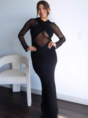 Nero Abito lungo aderente con arricciature maniche lunghe e spalline incrociate sul davanti per donna 2026