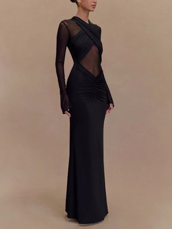 Abito lungo aderente con arricciature maniche lunghe e spalline incrociate sul davanti per donna 2026