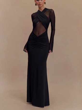 Abito lungo aderente con arricciature maniche lunghe e spalline incrociate sul davanti per donna 2026