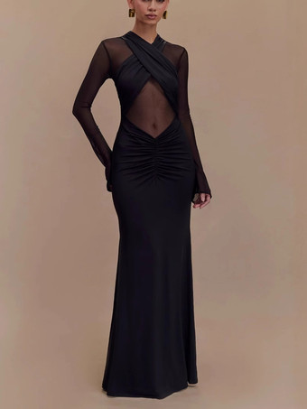 Abito lungo aderente con arricciature maniche lunghe e spalline incrociate sul davanti per donna 2026