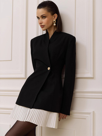 negro Vestido mini blazer plisado de manga larga con patchwork para mujer 2026