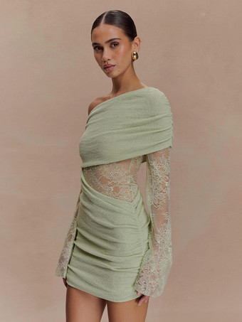 Verde salviaVestido mini ajustado con hombros descubiertos manga larga y fruncido de encaje para mujer 2026