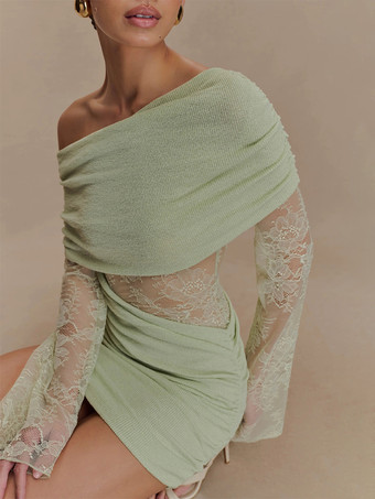 Vestido mini ajustado con hombros descubiertos manga larga y fruncido de encaje para mujer 2026