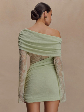 Vestido mini ajustado con hombros descubiertos manga larga y fruncido de encaje para mujer 2026