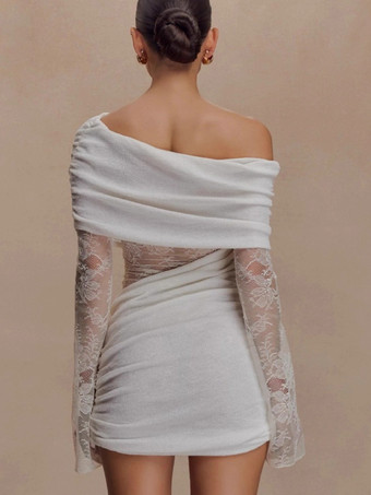 Vestido mini ajustado con hombros descubiertos manga larga y fruncido de encaje para mujer 2026