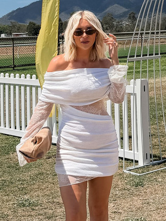 Vestido mini ajustado con hombros descubiertos manga larga y fruncido de encaje para mujer 2026