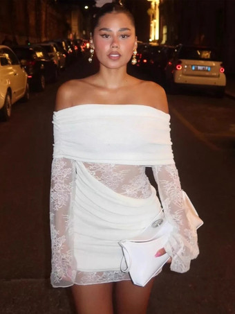 blanco Vestido mini ajustado con hombros descubiertos manga larga y fruncido de encaje para mujer 2026