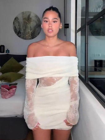 Vestido mini ajustado con hombros descubiertos manga larga y fruncido de encaje para mujer 2026