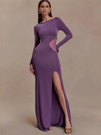 Viola Abito da sera lungo aderente con spacco laterale in rete e maniche lunghe per donna 2026