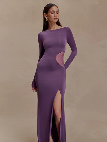 Abito da sera lungo aderente con spacco laterale in rete e maniche lunghe per donna 2026