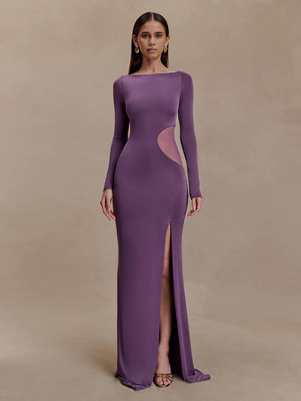 Abito da sera lungo aderente con spacco laterale in rete e maniche lunghe per donna 2026