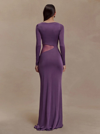 Abito da sera lungo aderente con spacco laterale in rete e maniche lunghe per donna 2026