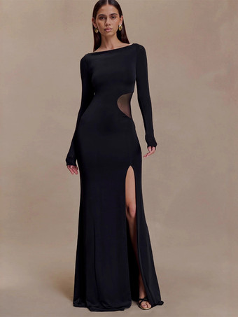 Nero Abito da sera lungo aderente con spacco laterale in rete e maniche lunghe per donna 2026