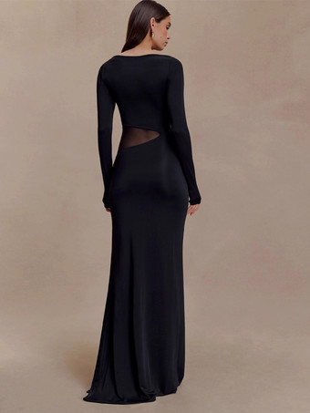 Abito da sera lungo aderente con spacco laterale in rete e maniche lunghe per donna 2026