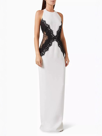 Abito lungo senza maniche con scollo all'americana in pizzo e patchwork a contrasto per donna 2026