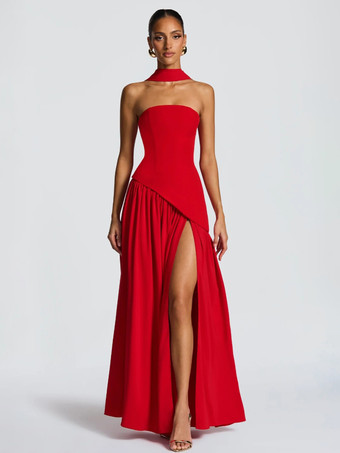 Rosso Abito lungo da festa senza spalline con design asimmetrico e sciarpa per donna 2026